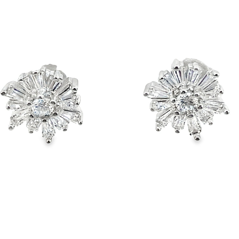 Silver baguette & round cz snowflake studs