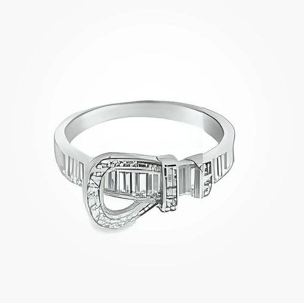 SILVER - BAGUETTE & ROUND CZ PAVE BUCKLE RING