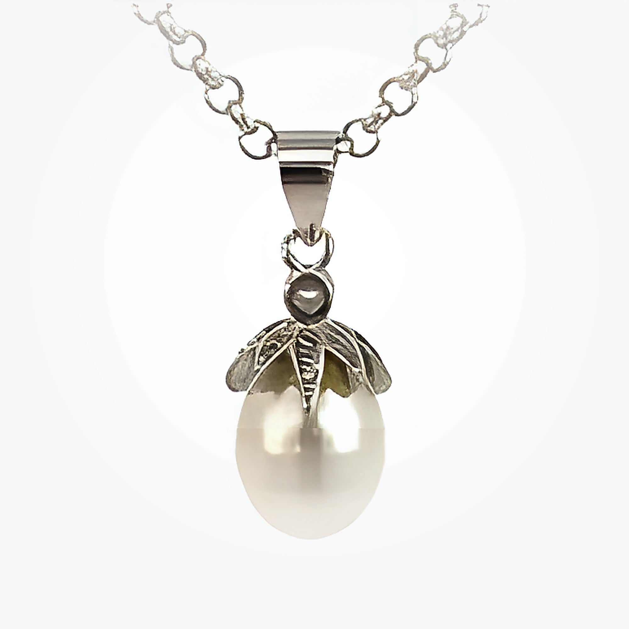 SILVER CZ PAVE FRESHWATER PEARL TEARDROP PENDANT