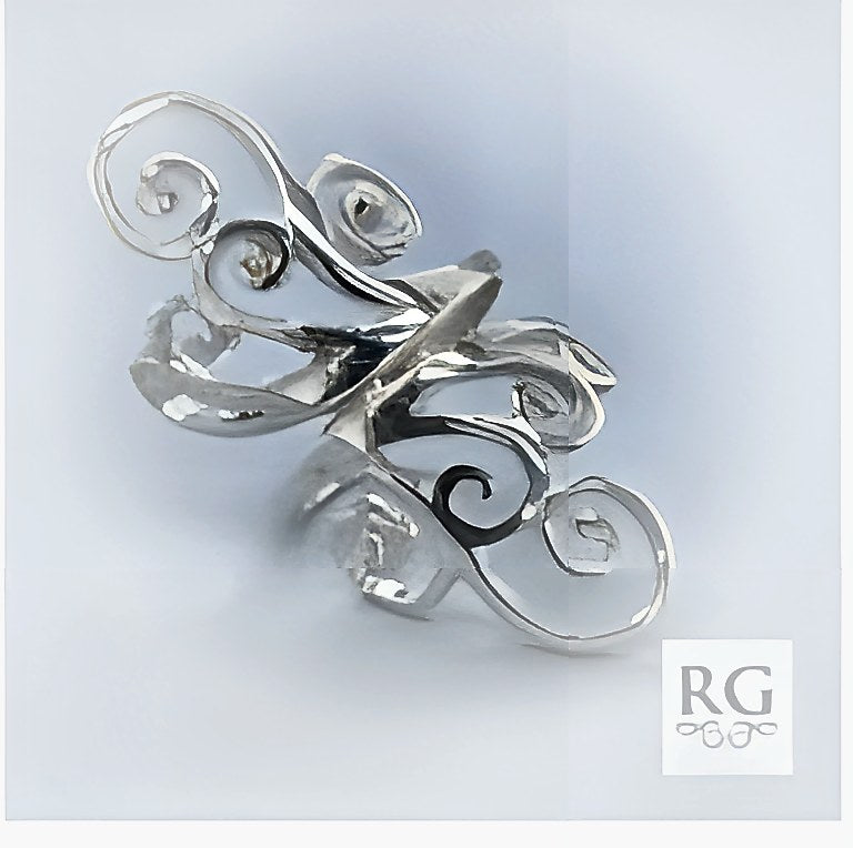 SILVER CUT OUT SWIRLY LONG RING
