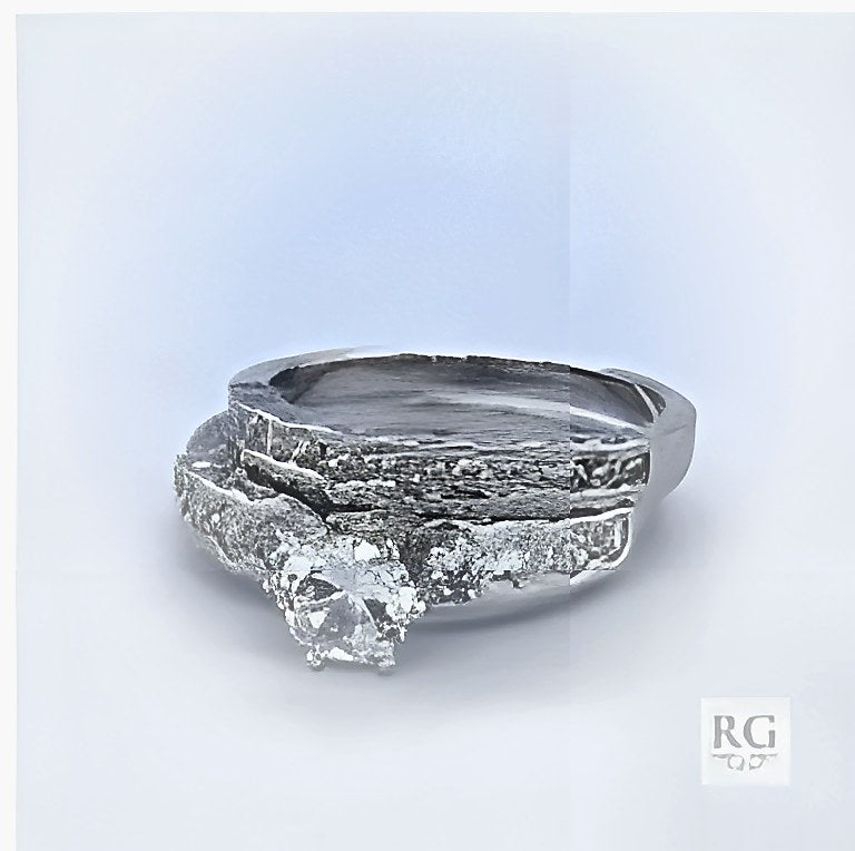 SILVER CZ PAVE BEZEL SET WEDDING SET RING
